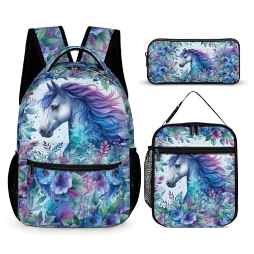 Horse Backpack with Lunch Box & Pencil Case, 16 Inch Cute Horse Themed Bookbag, Adjustable Lightweight Large Capacity, Colorful Backpack Set for Kids Girls Boys School