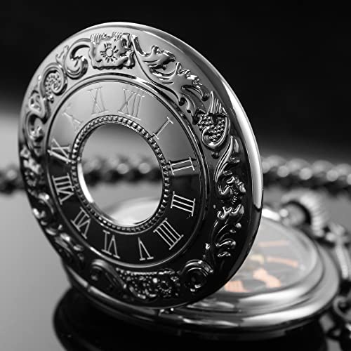 Image of Steampunk Roman Case Design Mechanical Pocket Watch with Chains & Boxs for Best Gifts(Black)