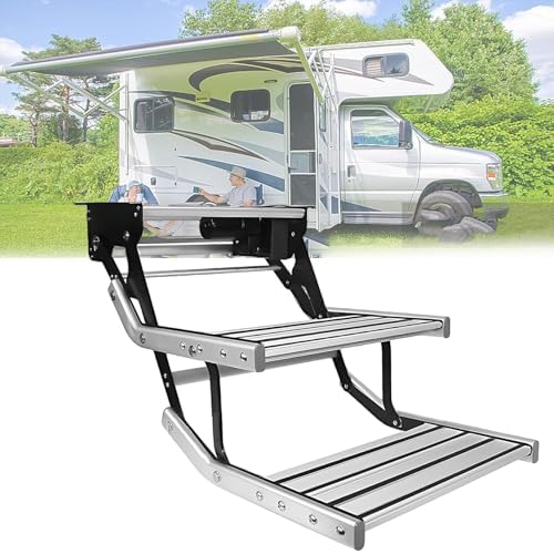 12V Electric Retractable RV Steps - Heavy-Duty 200KG Capacity, Fold-Down Design with 80W Motor & LED Lighting, Anti-Slip Surface for Trailers & RVs