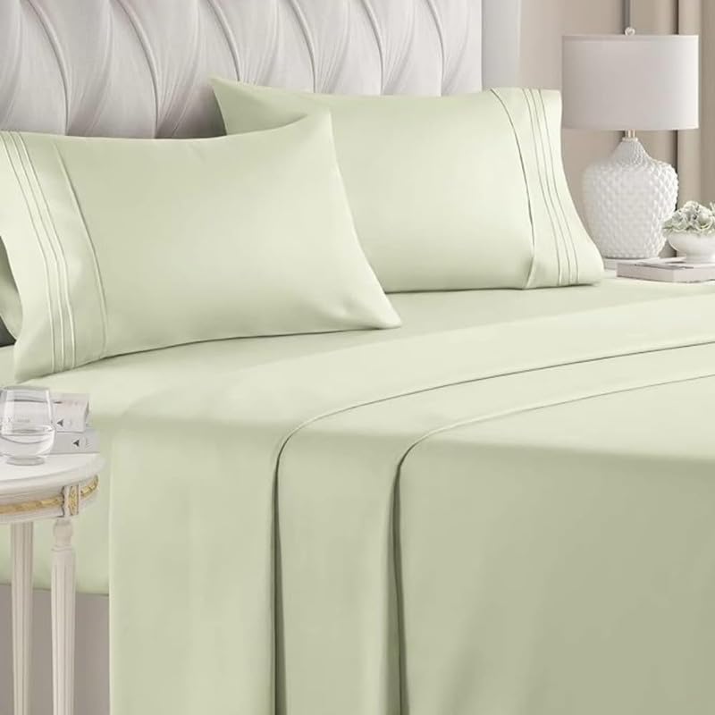 Image of Single Size Bedsheets for Single Bed 600 TC - Cotton Elastic Fitted Sheet (30 x 78 Inches) with 8 Inch Drop- Color Sage Solid [ Fitted Sheet with 2 Pillow Cover]