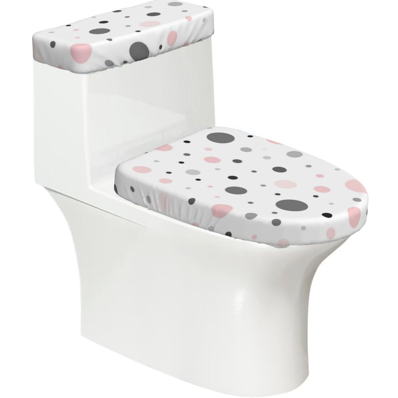 Pink Gray White Modern Polka Dot Pattern Print Stretch Toilet Covers Set, Polyester Covers Replacement For Fits Most Size Lids Bathroom Decor