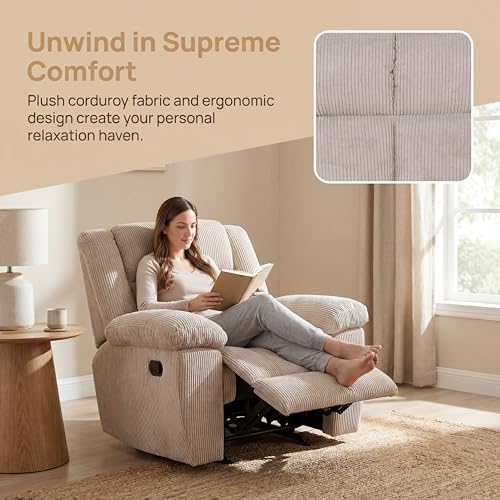 Image of Oversized Corduroy Recliner Chair, Manual Lazy Boy Recliner with Home Theater Seating, Breathable Living Room Reclining Chair for Adults Reading, Gaming, Relax, White