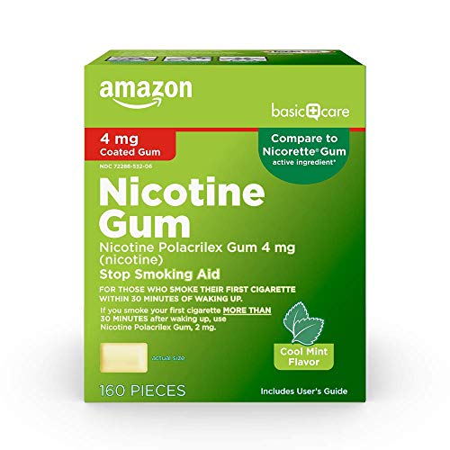 Amazon Basic Care Nicotine Polacrilex Coated Gum 4 mg, Cool Mint Flavor, Stop Smoking Aid, Quit Smoking, Reduce Cravings, 160 Count
