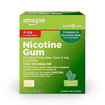 Amazon Basic Care Nicotine Polacrilex Coated Gum 4 mg, Cool Mint Flavor, Stop Smoking Aid, Quit Smoking, Reduce Cravings, 160 Count