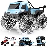 DEERC Amphibious Remote Control Car Monster Truck Toys Waterproof RC Stunt Cars for Boys 8-12 Toys W/Blocks & 360°Spin, 4WD All-Terrain Off-Road Pickup RC Truck 2.4Ghz 60+ Min Playtime Pool Toy Gift