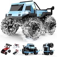 DEERC Amphibious Remote Control Car Monster Truck Toys Waterproof RC Stunt Cars for Boys 8-12 Toys W/Blocks & 360°Spin, 4WD All-Terrain Off-Road Pickup RC Truck 2.4Ghz 60+ Min Playtime Pool Toy Gift