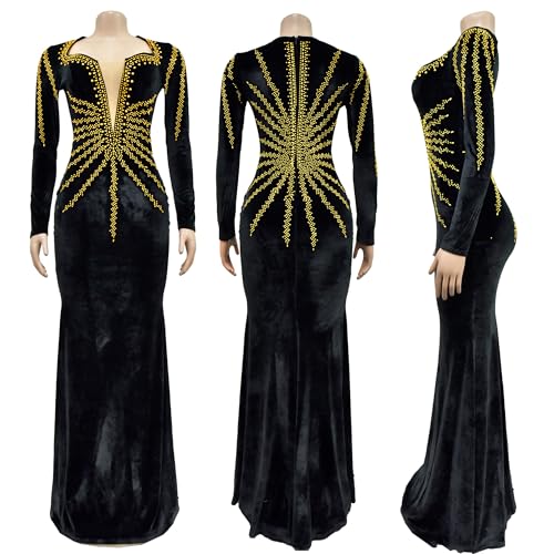 Image of PORRCEY Women's Sexy Rhinestone Lace Sheer Mesh Formal Evening Dress
