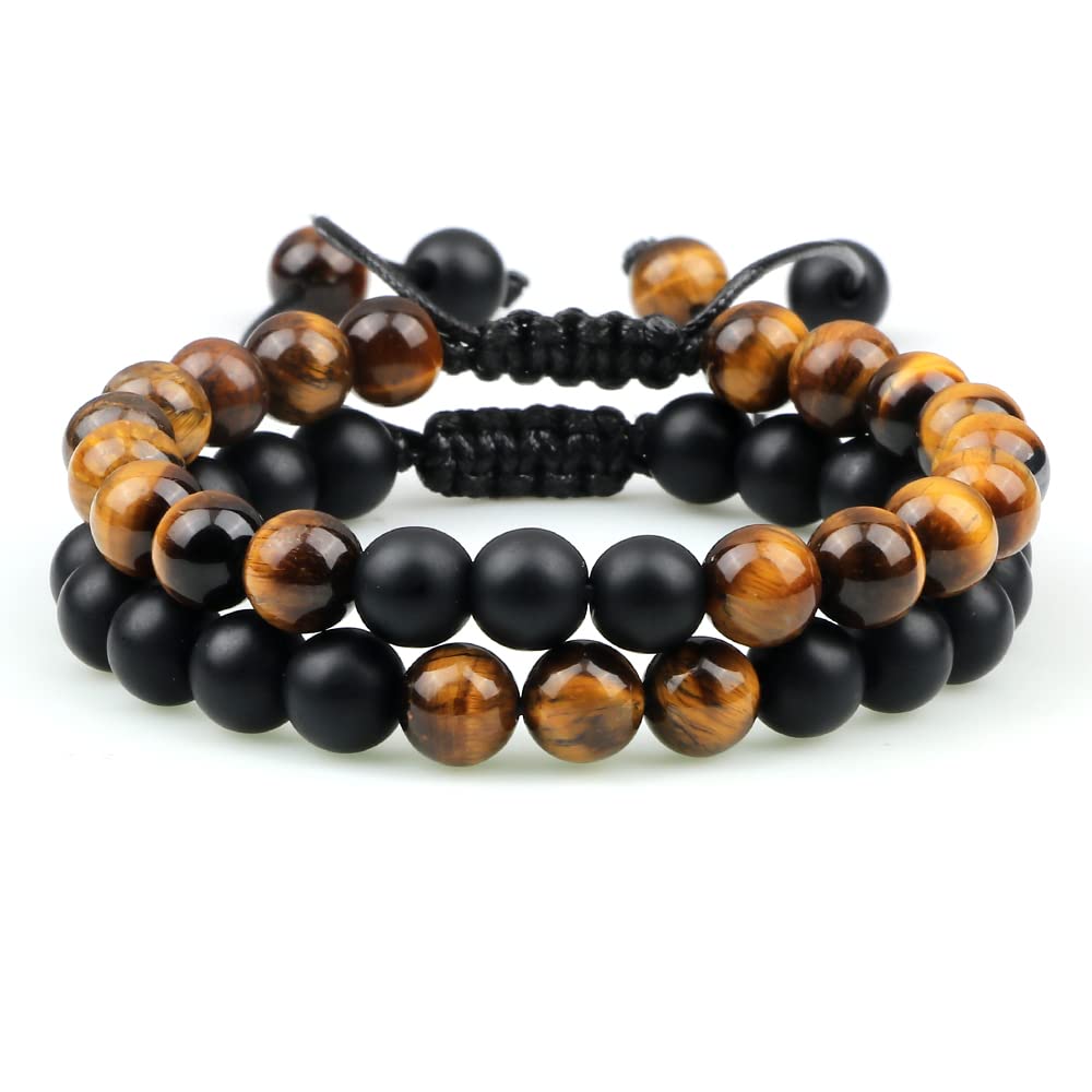 Tiger Eye Stone Paare Abstand Armbänder Männliche Schwarze Onyx -Perlen Armband Armbänder Männer Männer verstellbar