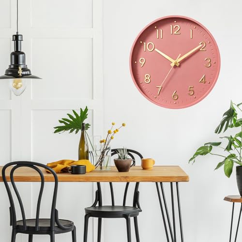 Image of Mosewa Wall Clock 10 Inch, Battery Operated Silent Non-Ticking Modern Analog Clock Decorative for Kitchen, Bedroom, Office, Living Room(Pink Gold)