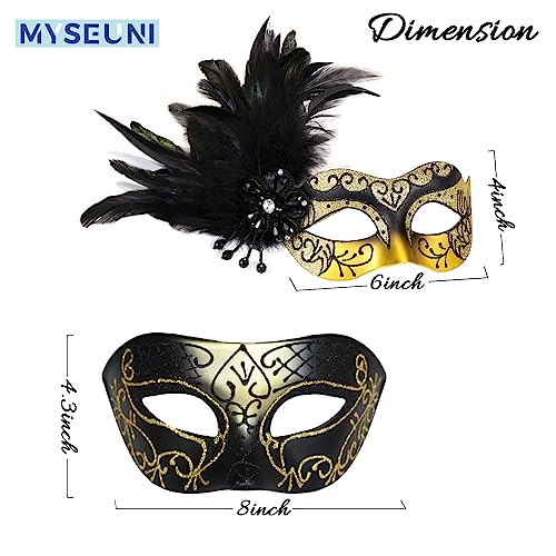 MYSEUNI Glod Masquerade Mask for Couples, Women's Mask with Feathers & Venetian Masks for Men, Party, Mardi Gras, Halloween - Image 2