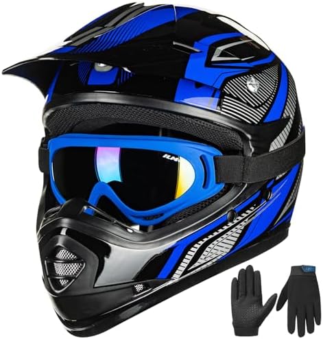 ILM Youth Kids ATV Motocross Helmet Goggles Sports Gloves Dirt Bike Motorcycle Off Road DOT Approved B07 (Youth-L, Blue/Silver)
