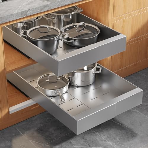2 Pack Expandable Width (9"-14.1") Pull Out Cabinet Organizer 21" Deep with Raising Pad for Framed Cabinets, Upgrade 3 Slide Rails Slide Out Drawers, Roll Out Shelves Adhesive, Silver