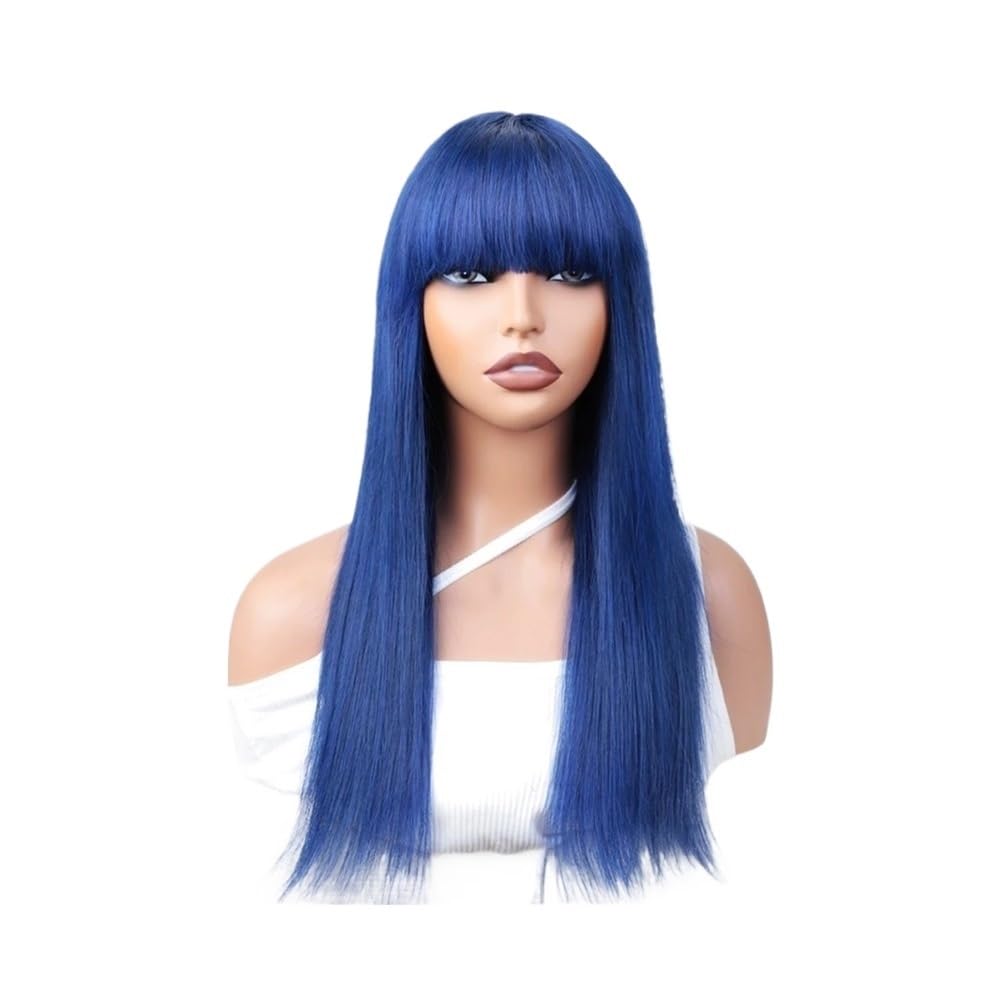 xiuling4568 Colored Blue Human Hair Wigs with Bangs for Women 150 Density Glueless None Lace Front Straight Wig Hairs Extensions(16 inch)