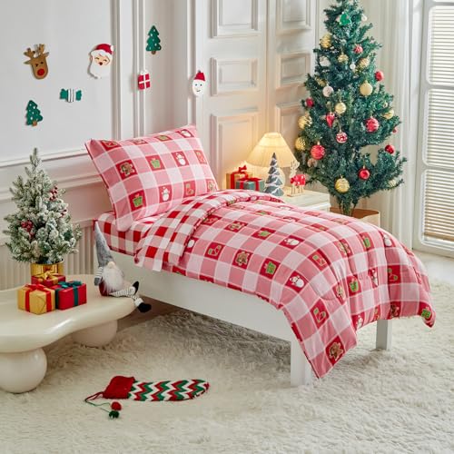 Image of Christmas Toddler Bedding Set for Boys Girls Red White Plaid Colorful Holiday 4PC Toddler Bed Set - Cute Toddler White Bed in a Bag with Snowman Socks GIF Box