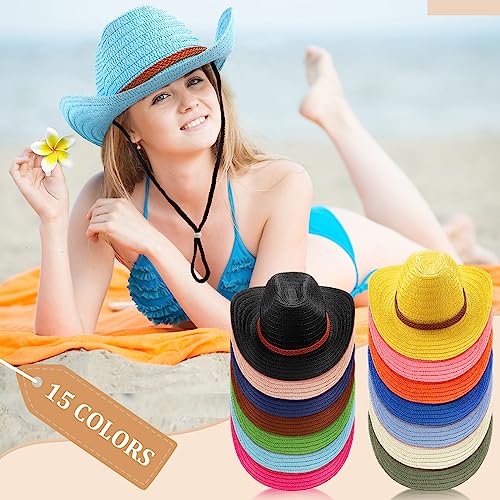 Image of Suhine 15 Pcs Straw Cowboy Hat for Men Women Colorful Western Hat Bulk Sun Protection Large Brim Cowgirl for Summer Seaside