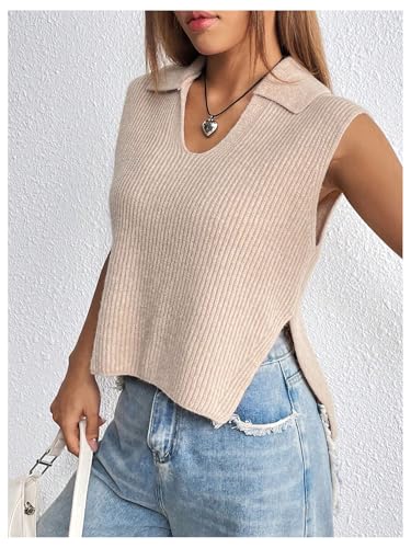 Image of MakeMeChic Women's Sweater Vest Collar V Neck Knit Sleeveless Summer Tank Tops Vest Tops Khaki Small