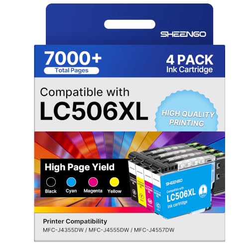 Image of LC506 LC506XL Ink Cartridges High Yield LC 506 XL Compatible with Brother LC506XL Ink Cartridges for Brother Printer MFC-J4355DW MFC-J4555DW MFC-J4557DW Printer (4 Pack, Black, Cyan, Magenta, Yellow)