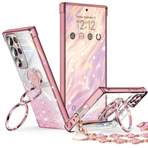 Image of XYZ for Galaxy S25 Ultra Case with Stand, for Samsung Galaxy S25 Ultra Case with Double Ring, Women Girls Bling Luxury Glitter Clear Phone Case Cover Heart for Samsung S25 Ultra, Rose Gold