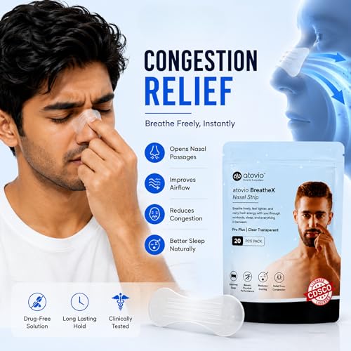Image of Atovio BreatheX Nasal Strips - Extra Strength Snoring & Congestion Relief | Sweat-Proof, Hypoallergenic Adhesive | Opens Nasal Passages for Better Breathing, Sleep & Sports Performance | CDSCO Licensed (Transparent, Pack of 10)
