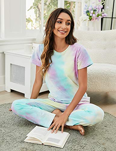 Eishopeer Women's Tie Dye Printed Pajama Set Short Sleeve Top & Long Pants Sleepwear Pjs Sets Multicolored M #TOP1