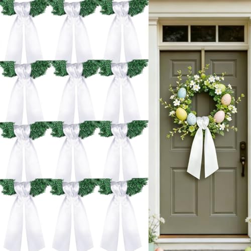 Dream Loom Wreath Sash for Front Door 12pcs White Wreath Sash Garland Ribbon Accessories for Xmas Party Yard Doorway Indoor Outdoor Wall Wedding Decor