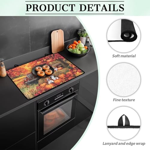 Image of Puppy Pumpkin Cat Stove Top Covers for Electric Stove, Heart Resistant Dish Drying Mats, Extra Large Countertop Mat for Kitchen, Folding Mat,Thanksgiving Decor