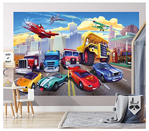 GREAT ART® Papier Peint Chambre d'enfant – Courses automobiles – Décoration murale Avion Voitures Pompiers Voitures de sport Voiture de sport Décapotable Bande (210x140 cm)