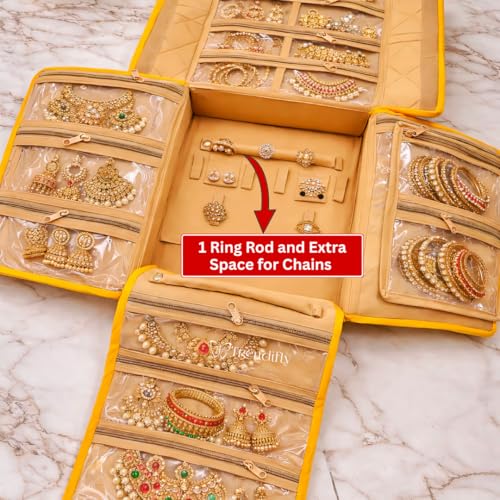 Image of Trendifly silk Lucknowi Jewellery Organiser Box for women Necklace organizer pouches Travel Makeup Cosmetic Earrings Jewelry Storage box for Bridal Gifting (Bright Yellow)