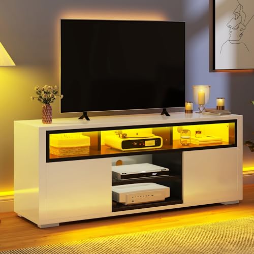 DWVO LED TV Stand for 55 Inch TV, Entertainment Center with 2 Storage Cabinet, 5 Open Shelves, Modern High Glossy Wood TV Console Table for Home, Living Room, Gaming Media Stand, Black & White