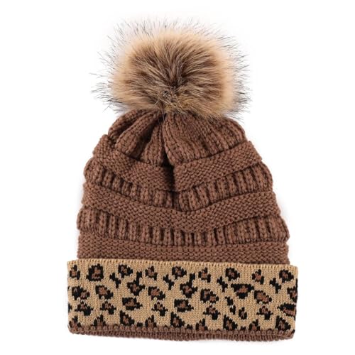 Sopodbacker Gorros De Punto para Sombrero Tejido Beanie Sombrero De Leopardo Cálido Gorro De Punto Gorra Mujer Niña Pom Grueso Dama Cabello Femenino Talla Única Caqui