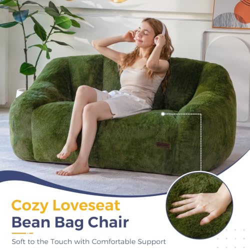 Image of MAXYOYO Bean Bag Chair, Comfy Bean Bag Sofa with Back Support, Loveseat Faux Fur Bean Bag Chair for Adults, Stuffed Floor Sofa for Living Room, Bedroom, Apartment, Green