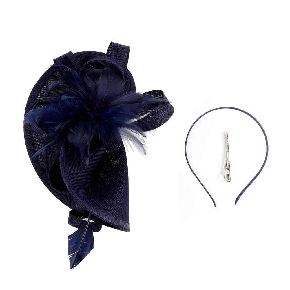 Tocado para Mujer, Tocado para Fiesta de té, Tocado de Plumas y Flores, Tocado de Boda (Azul Marino, Talla única)
