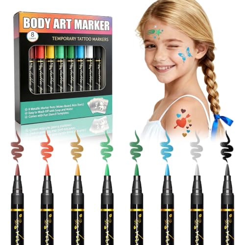Temporary Tattoo Marker for Kids and Adults, 8 Metallic Markers and Tattoo Stencils, Flexible Brush Tip, Cosmetic Tattoos Pens for Skin