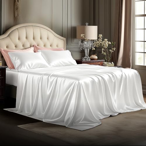 Bedsure White Satin Sheets Full Size - 4 Piece Silky Bedsheets with Elastic Corner Straps and 15 Inches Deep Pocket Fitted Bedsheet 1 Flat Sheet 2 Satin Pillowcases Good for Hair & Skin (Full White)