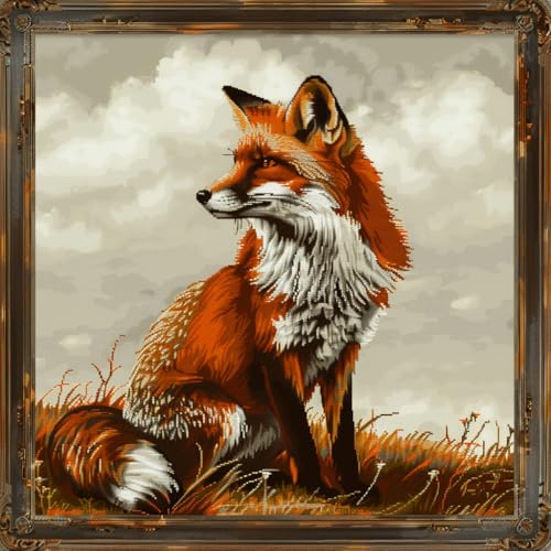 Red Fox Sits DIY 11CT Stamped Cross Stitch Kits for Beginners Easy Needlepoint Embroidery Counted Cross Stitch Art Craft for Wall Decoration 14x14inch(6)