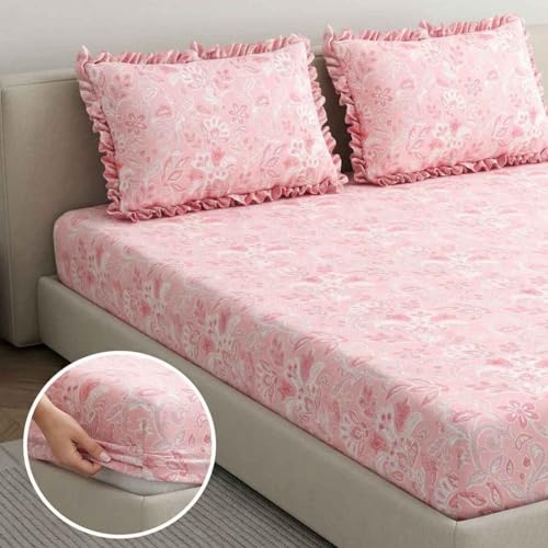 Image of Dream Weaverz- Polycotton Printed Double Bed Size Fitted Elastic Bedsheet,2 Pillow Cover,260 Thread (72 inch x 78 inchx7 inch) Home, Bedroom (Light Pink, King)