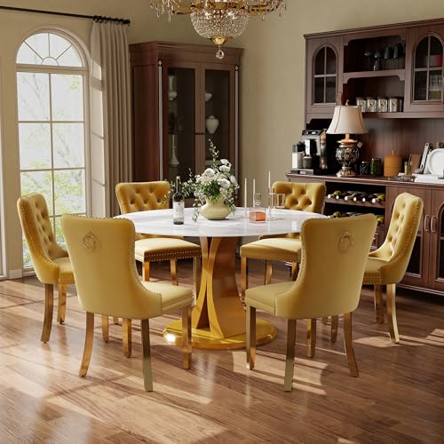 Image of 7-Piece Dining Table Set with 47In Faux Marble Table and 6 Velvet Upholstered Chairs, Modern Scandinavian Furniture for Dining Room Kitchen(Yellow&Gold)