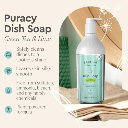 Image of Puracy Natural Dish Soap Clean Can Starter Set - Plant-Based Dishwashing Soap, Non-Toxic Dish Soap, Natural Liquid Dishwashing Detergent Soap As Seen on TikTok (Green Tea & Lime, 14.4 fl oz)