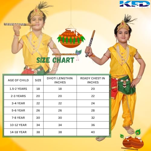Image of Kaku Fancy Dresses Krishna Costume With Dhoti For Boy /Janmashtami /Bal Gopal Dress /Kanha Costume /Bal Krishna /Mythological Costume For Boy - Yellow-Red, 1-2 Years