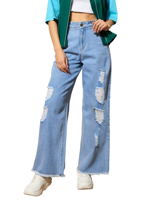 barcino Light Blue Heavy Distressed Straight Frayed Jeans-picture-36