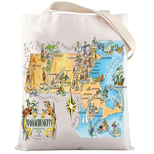 LEVLO Fun State Map Of Massachusetts Tote Bag Massachusetts Souvenir Gift 1940’s Massachusetts Illustration Shoulder Bag