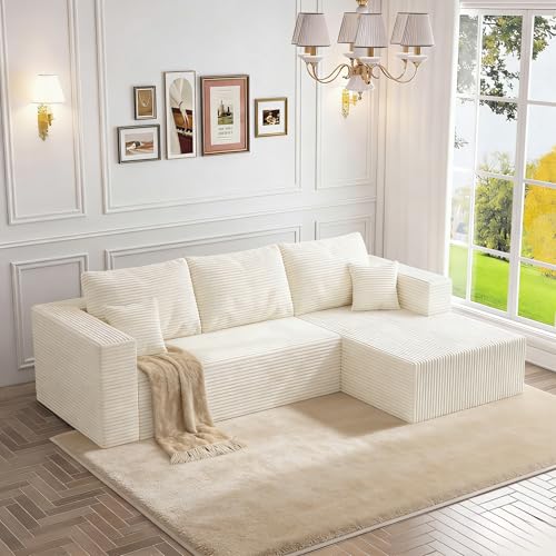 Image of 108 inch Modular Sectional Sofa, L-Shape Cloud Couch with Deep Seats & Chaise,4-in-1 Covertible Corduroy Boneless Couches for Living Room,Bedroom,No Need Assembly - Beige(Right Facing Chaise)
