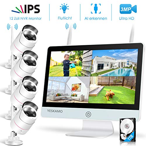 YESKAMO Überwachungskamera Set mit Flutlicht Aussen WLAN,3MP WiFi Kameras und 8CH 12 Zoll IPS Monitor mit 1TB HDD für die Hausalarmanlagen mit AI PIR Erkennung,30m Nachtsicht&Zweiweg Audio