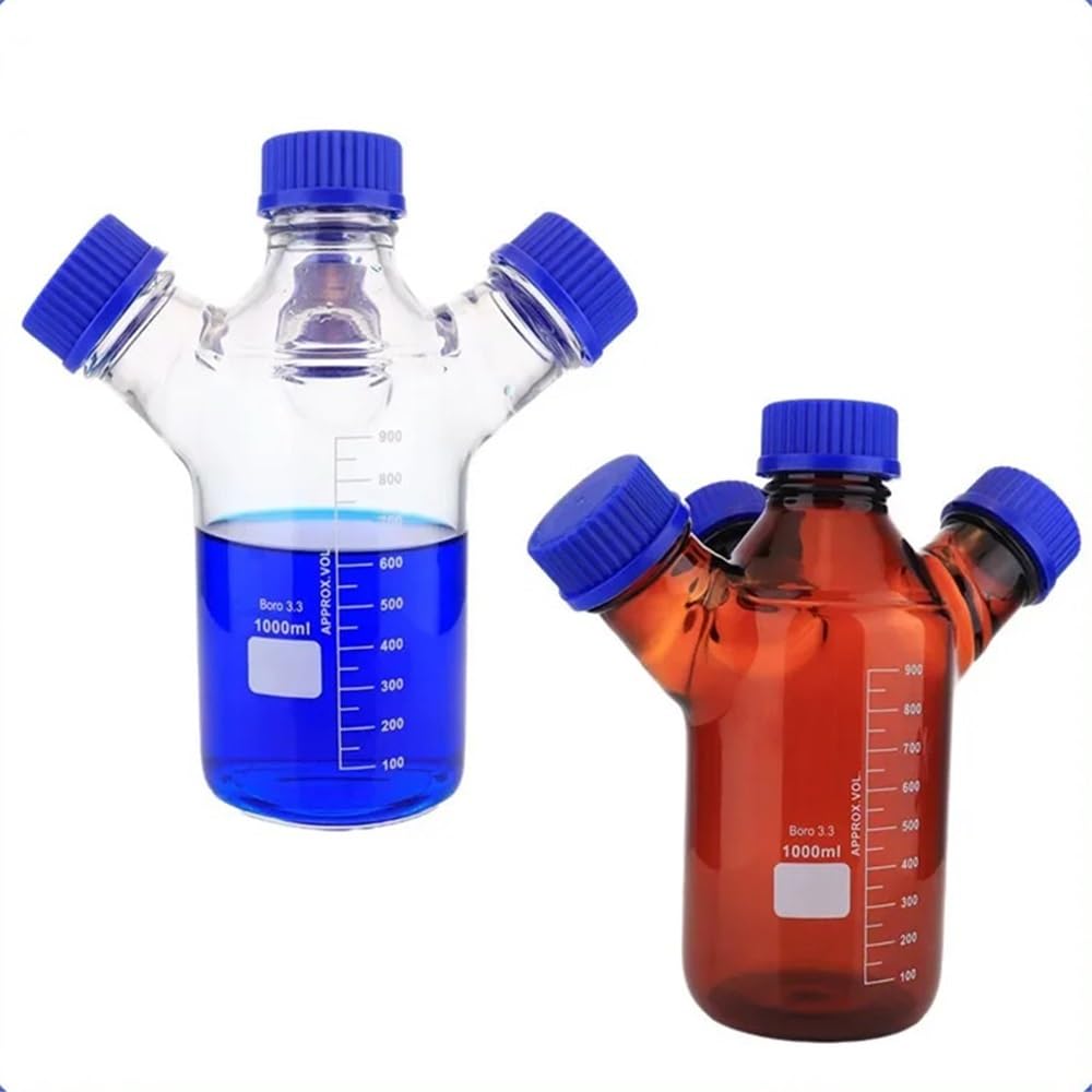 250 ml – 2000 ml, brązowe zakrętki, buteleczki z dwiema / trzema / czterema szyjami do fazy mobilnej, laboratorium (Four-necked 250 ml)