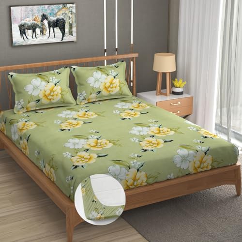 Image of Vram Premium Heavy Cotton Elastic Fitted Bedsheets with 2 King Size Pillow Covers | Diwan Bed with All Around Elastic 350 TC | 48 x 78 x 8 Inch Diwan Size Fitted | :- Light Green Flower