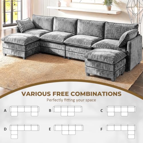 Image of LEVELEVE 146 inch U-Shape Modular Sofa with 2 Ottomans, Deep Seat Cloud Convertible Sleeper, 2 Arm Pillows, Cozy Large Upholstered Furniture for Living Room Apartment, Dark Grey