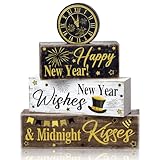 Moucuny 4 Pcs New Year Decoration Eve Party Supplies 2026 Gold Black Tiered Tray Decor Happy New Year Centerpiece Rustic Decorative Clock Block Signs Gift Christmas Decor for Home Eve Party Decoration