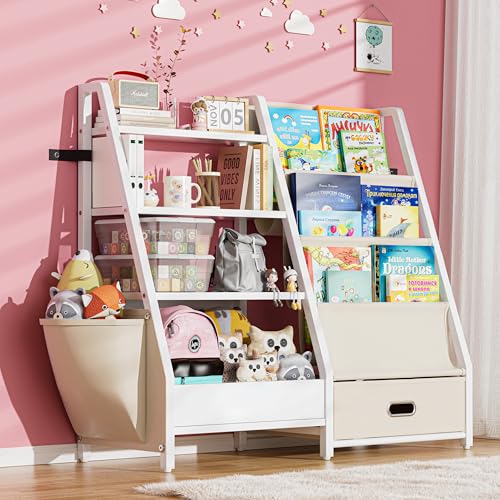 Image of Kids Bookshelf and Toy Storage, Sling Bookshelf with Drawer, Montessori Toddler Bookcase, 2 in 1 Kids Book Sling Shelf with 4 Tier Toy Organizer for Kids Room, Playroom, Bedroom, Nursery