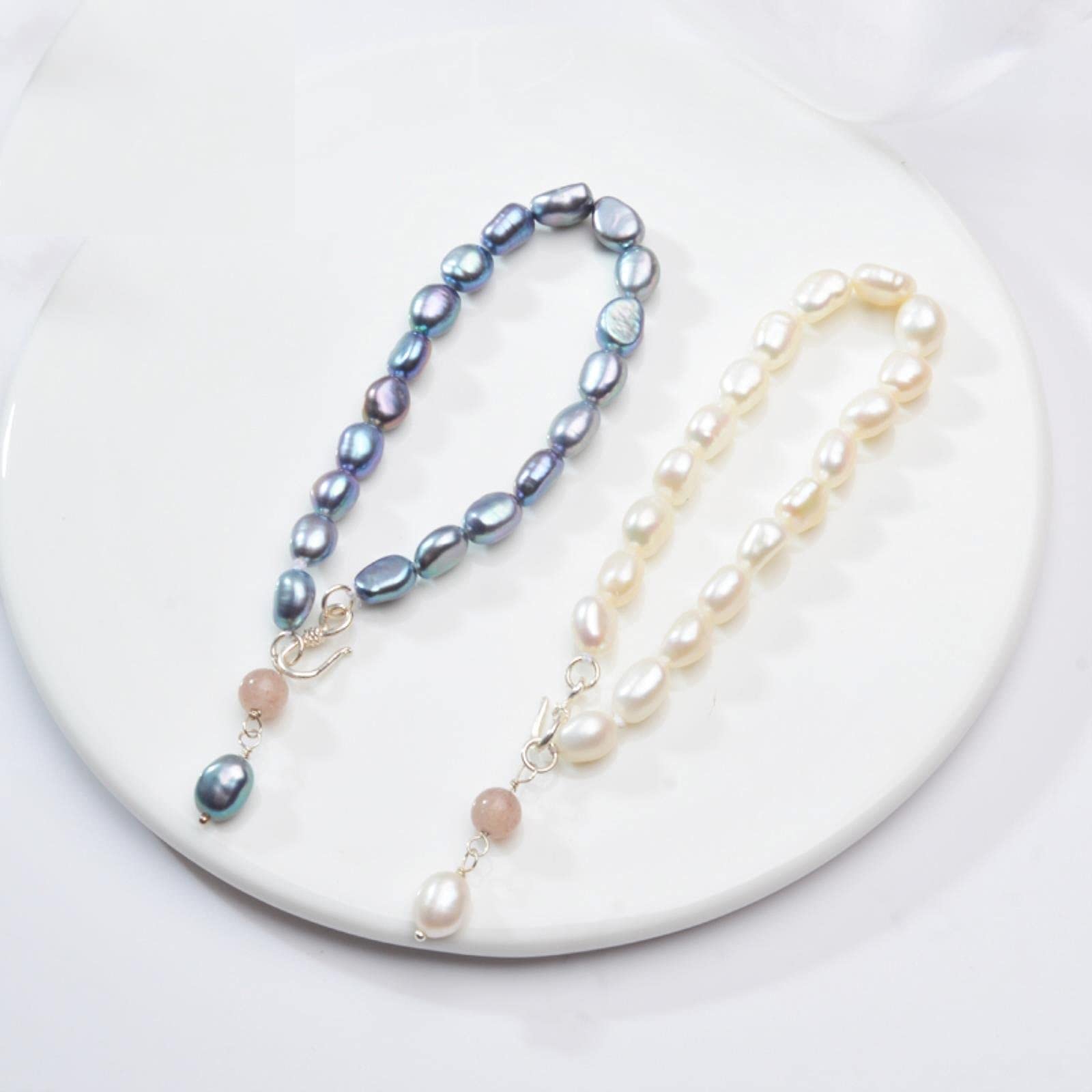 SALAN Perla Barroca De Agua Dulce Pulseras con Dijes De Cristal De Fresa Natural Joyería De Plata Esterlina 925 para Regalo De Mujer
