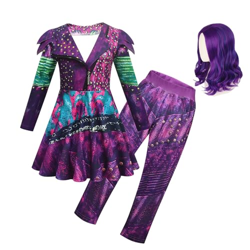 Uivic Mal Costume for Girls Cosplay Evie Outfit Jacket Pant with Wig Set Villian Kids Princess Halloween Party Dress Up (Puple 9years-10years) Purple